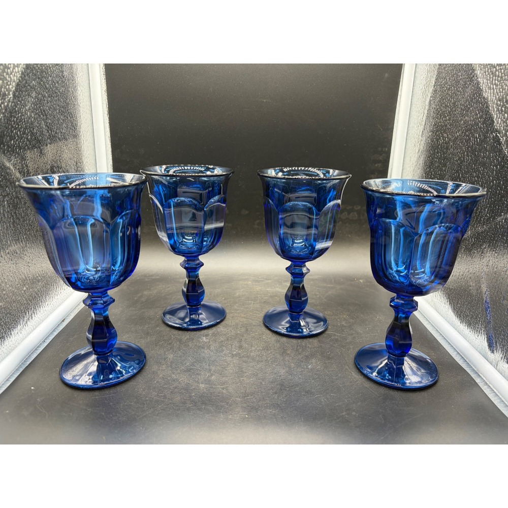 Vintage Cobalt Blue Glass Water Goblets Set of 4 Paneled Stemware 7 Inch